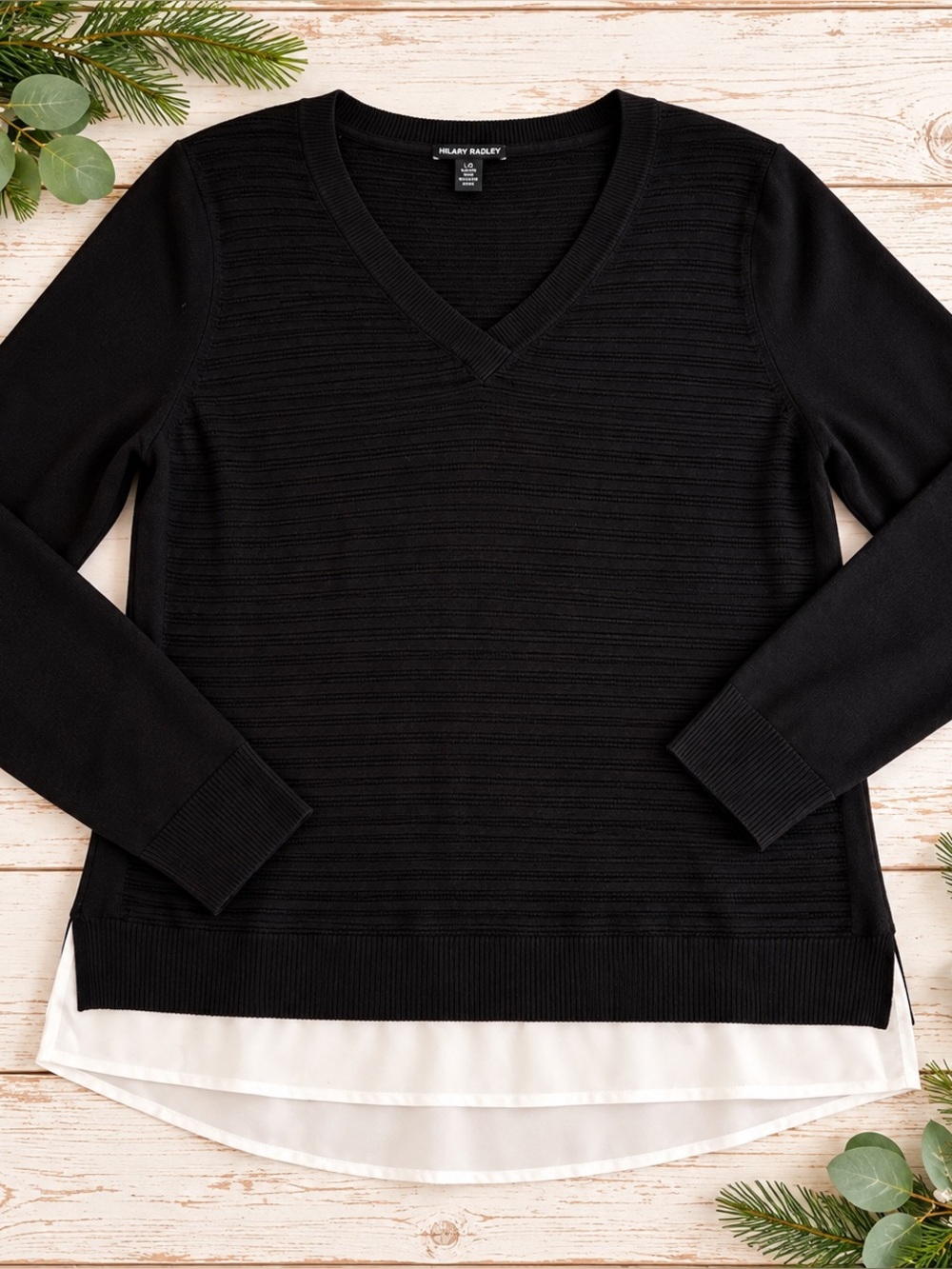 Hilary Radley women’s size L black V-neck sweater with a stylish layered-look